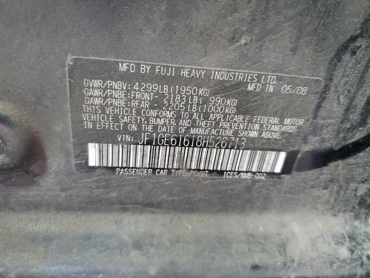 2008 Subaru Impreza 2.5I VIN: JF1GE61618H526713 Lot: 58415095