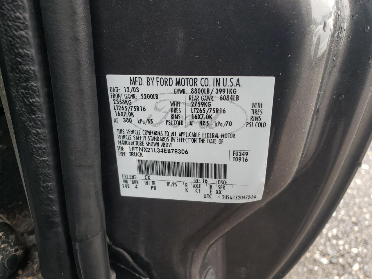 2004 Ford F250 Super Duty VIN: 1FTNX21L34EB78306 Lot: 55999695