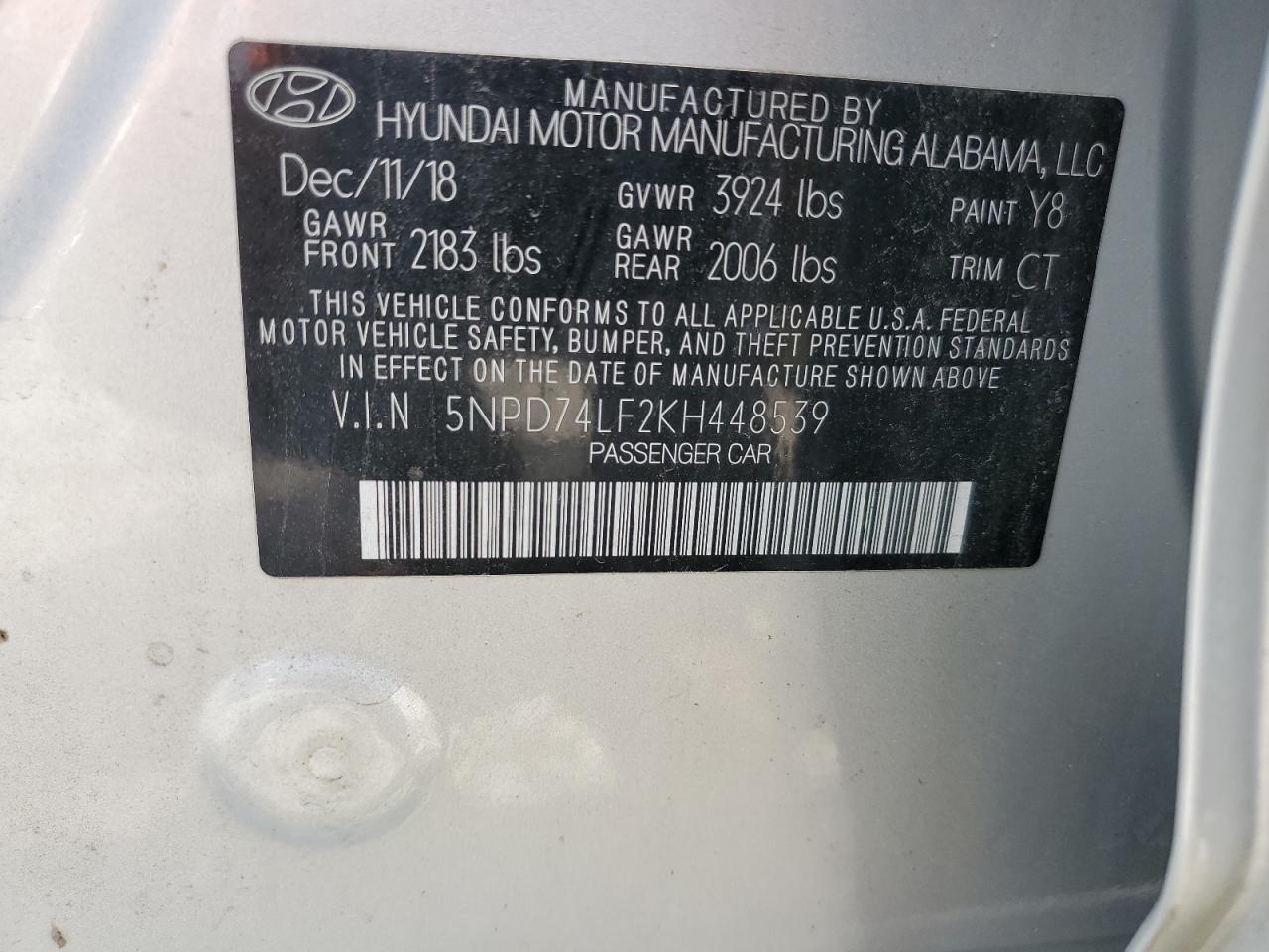 2019 Hyundai Elantra Se VIN: 5NPD74LF2KH448539 Lot: 55329965