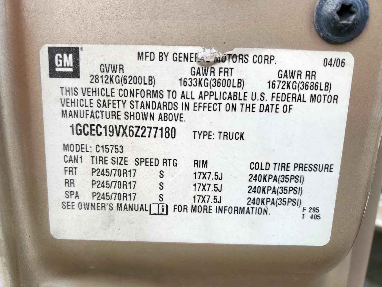 2006 Chevrolet Silverado C1500 VIN: 1GCEC19VX6Z277180 Lot: 57621265