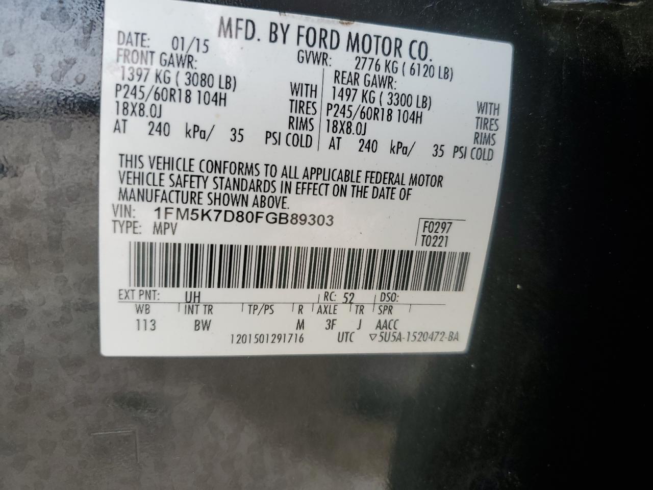 2015 Ford Explorer Xlt VIN: 1FM5K7D80FGB89303 Lot: 55866615