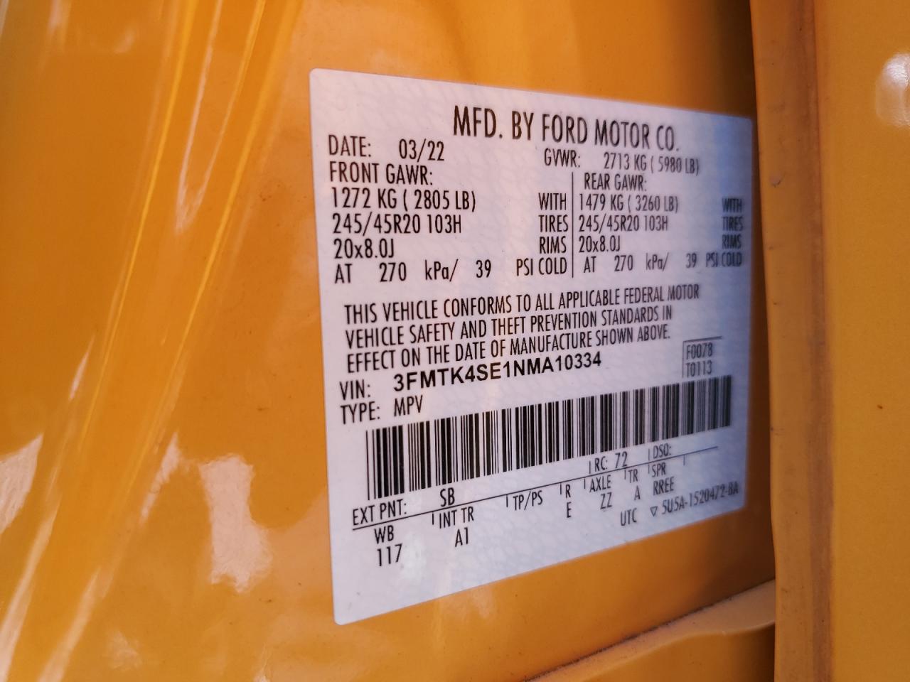3FMTK4SE1NMA10334 FORD MUSTANG 2022