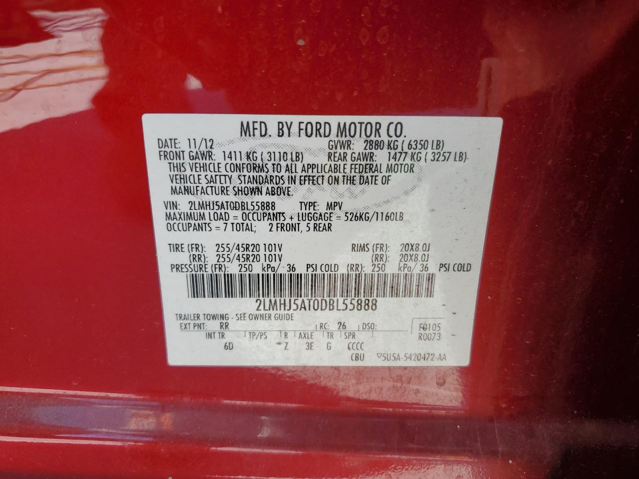 2013 Lincoln Mkt VIN: 2LMHJ5AT0DBL55888 Lot: 55680545