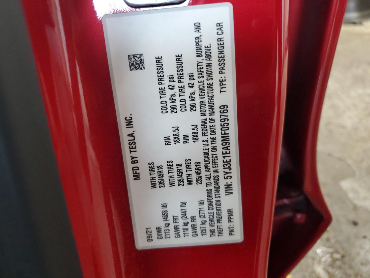 2021 Tesla Model 3 VIN: 5YJ3E1EA9MF059769 Lot: 54014345