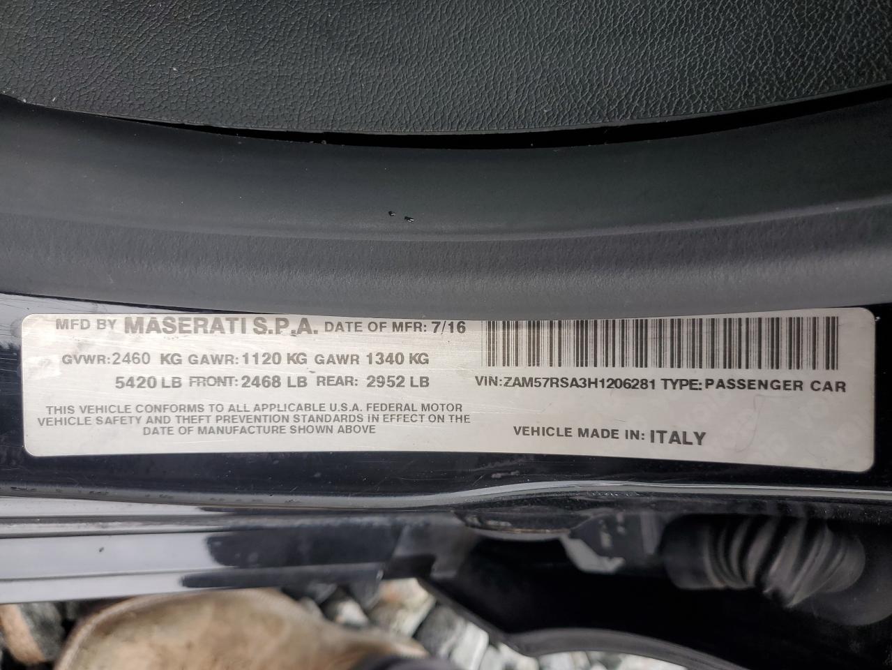 2017 Maserati Ghibli S VIN: ZAM57RSA3H1206281 Lot: 56658025