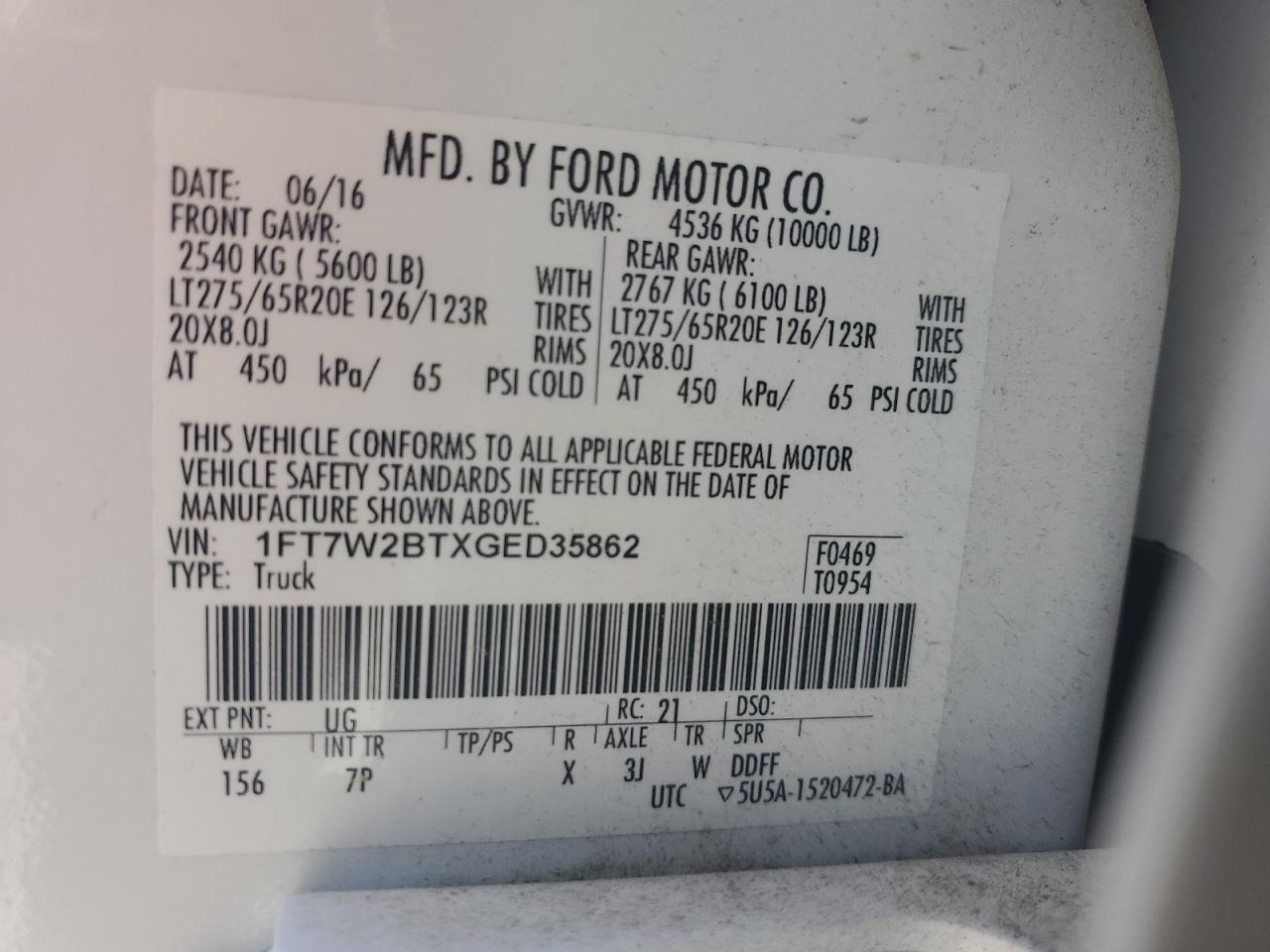 1FT7W2BTXGED35862 FORD F250 2016