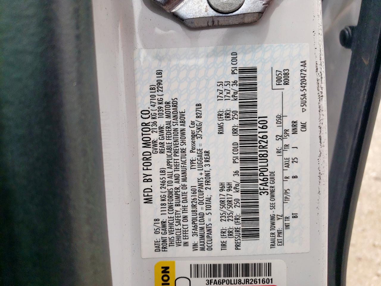 2018 Ford Fusion Se Hybrid VIN: 3FA6P0LU8JR261601 Lot: 54043965