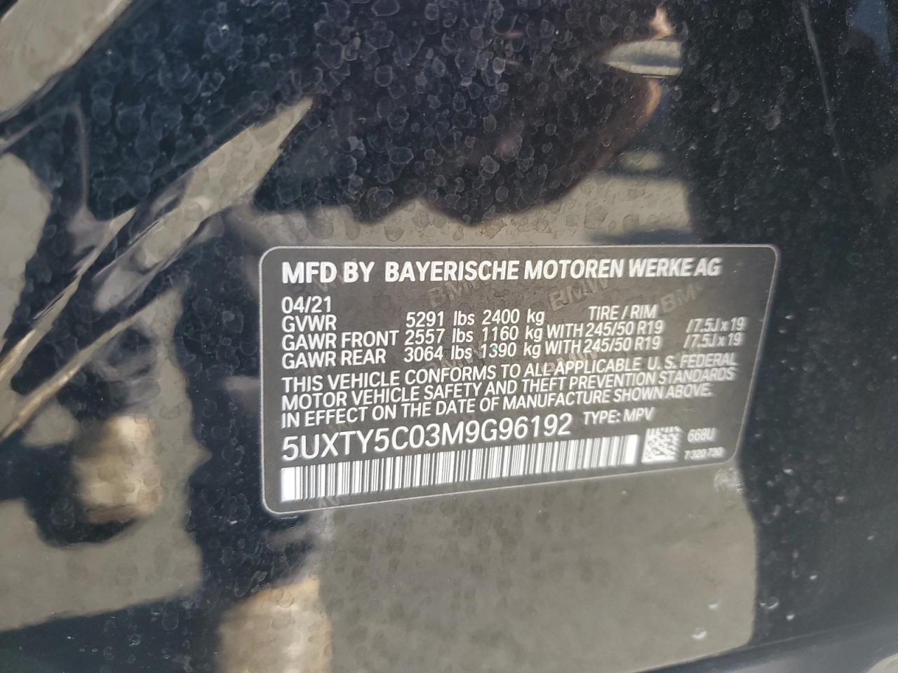 2021 BMW X3 xDrive30I VIN: 5UXTY5C03M9G96192 Lot: 56427335