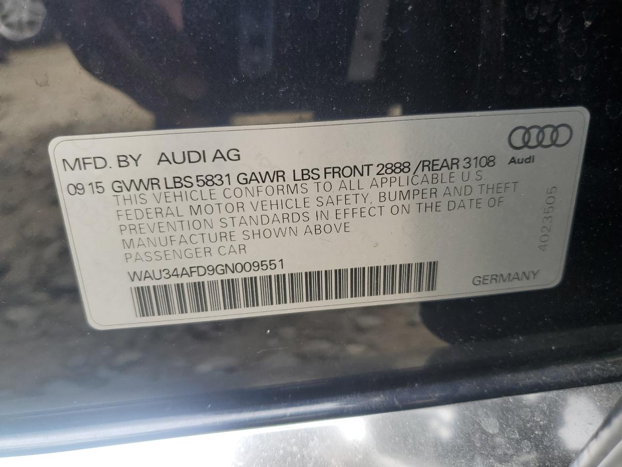 2016 Audi A8 L Quattro VIN: WAU34AFD9GN009551 Lot: 56460955
