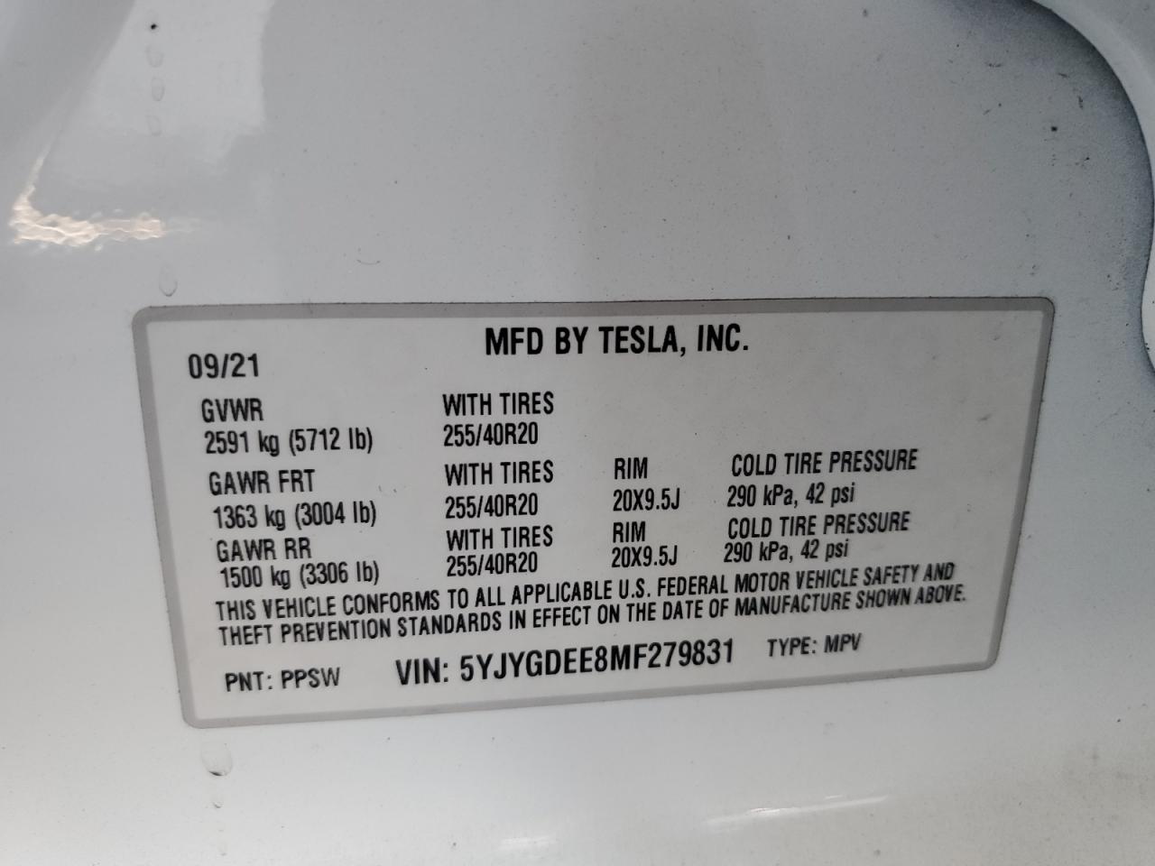 2021 Tesla Model Y VIN: 5YJYGDEE8MF279831 Lot: 59202745