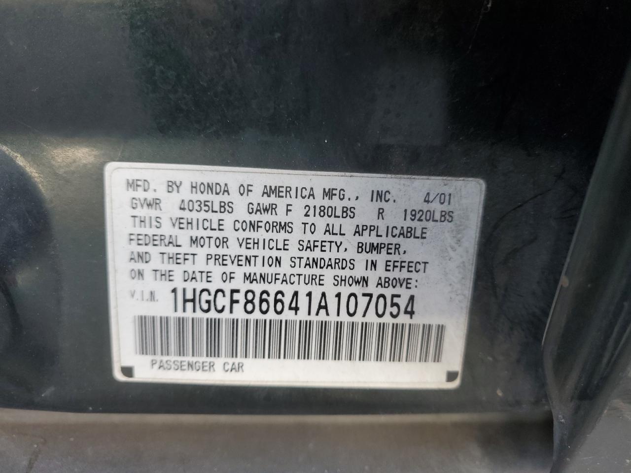 2001 Honda Accord Value VIN: 1HGCF86641A107054 Lot: 57431995