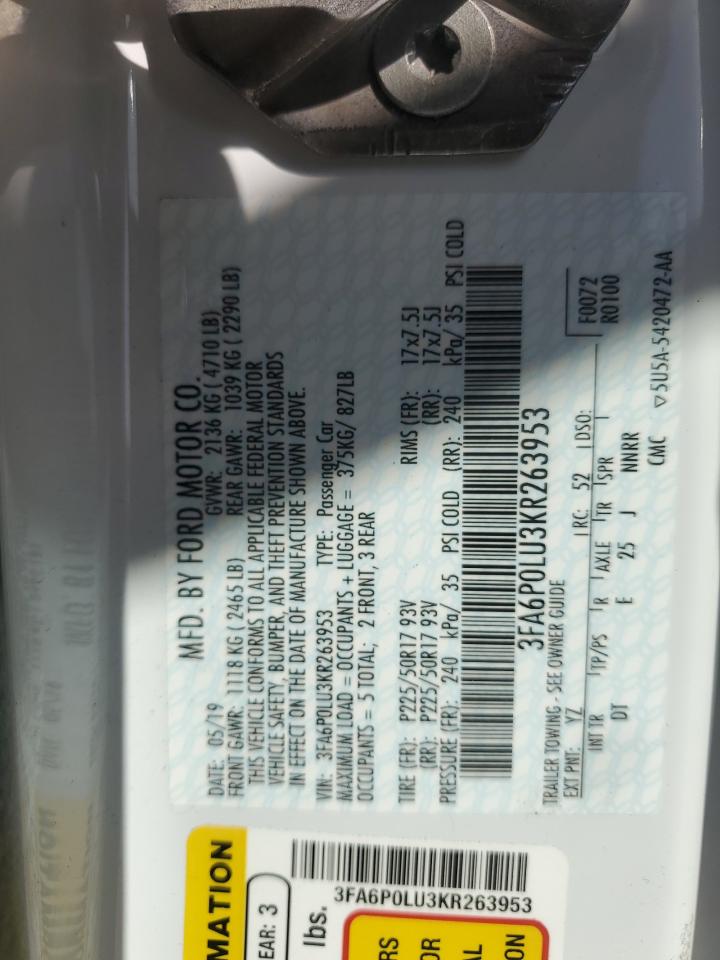 2019 Ford Fusion Se VIN: 3FA6P0LU3KR263953 Lot: 54022825