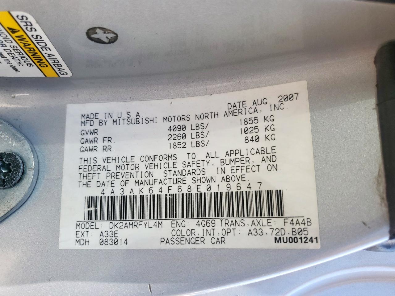 2008 Mitsubishi Eclipse Se VIN: 4A3AK64F68E019647 Lot: 57472325