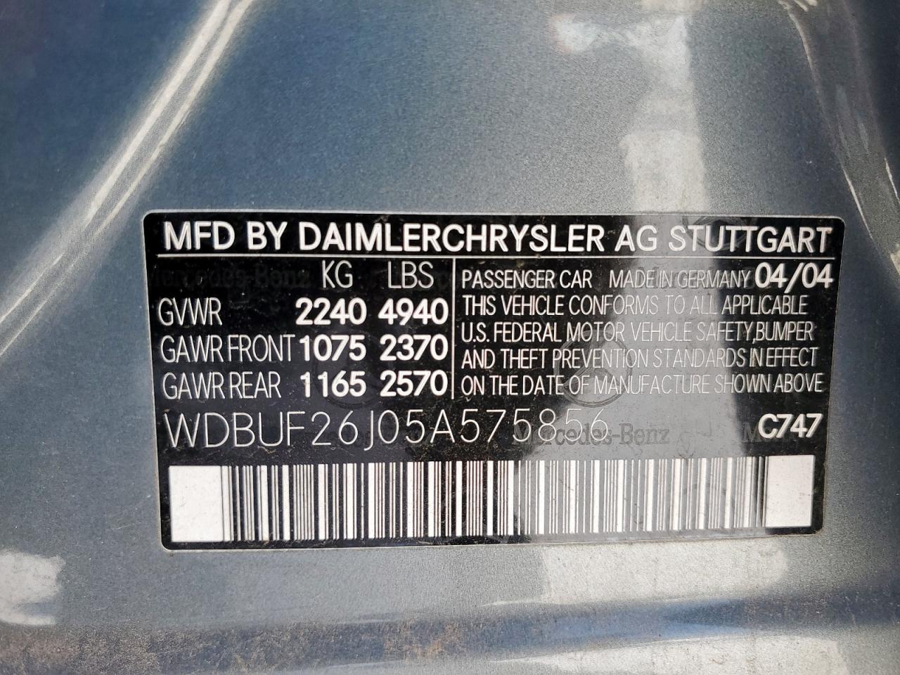 2005 Mercedes-Benz E 320 Cdi VIN: WDBUF26J05A575856 Lot: 56738715