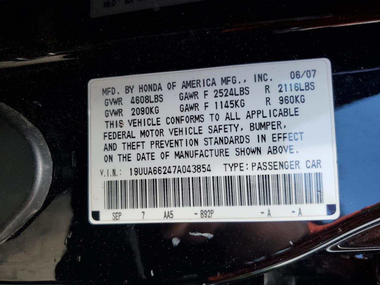 2007 Acura Tl VIN: 19UUA66247A043854 Lot: 56456905