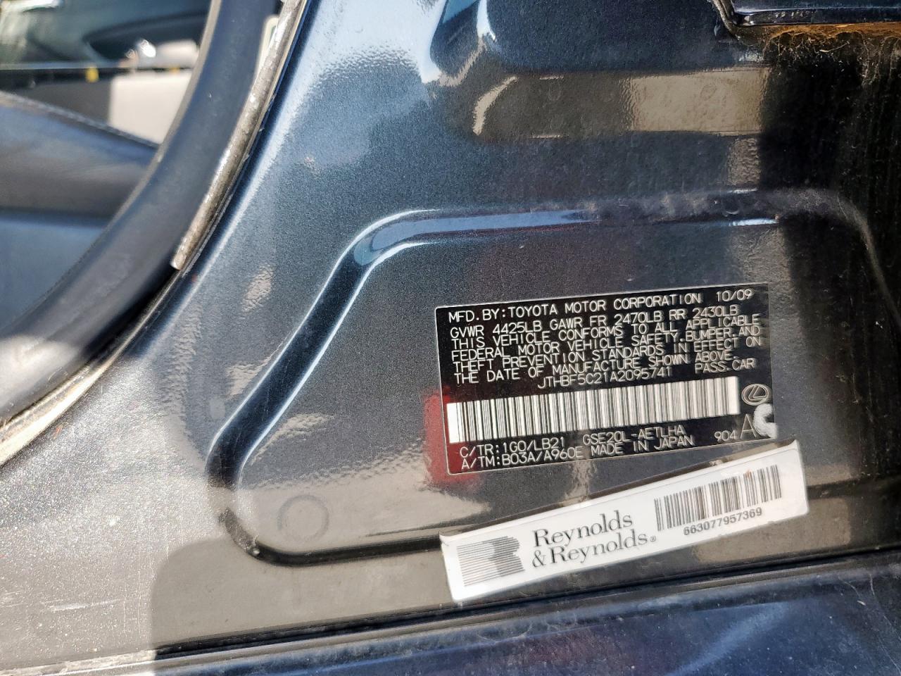 2010 Lexus Is 250 VIN: JTHBF5C21A2095741 Lot: 58393055