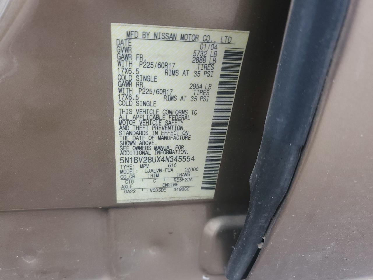 2004 Nissan Quest S VIN: 5N1BV28UX4N345554 Lot: 55457425