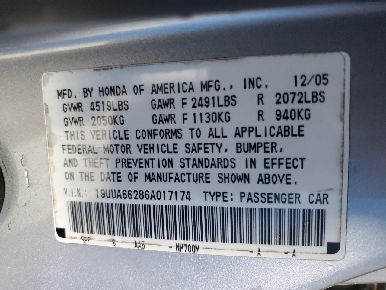 2006 Acura 3.2Tl VIN: 19UUA66286A017174 Lot: 58423775