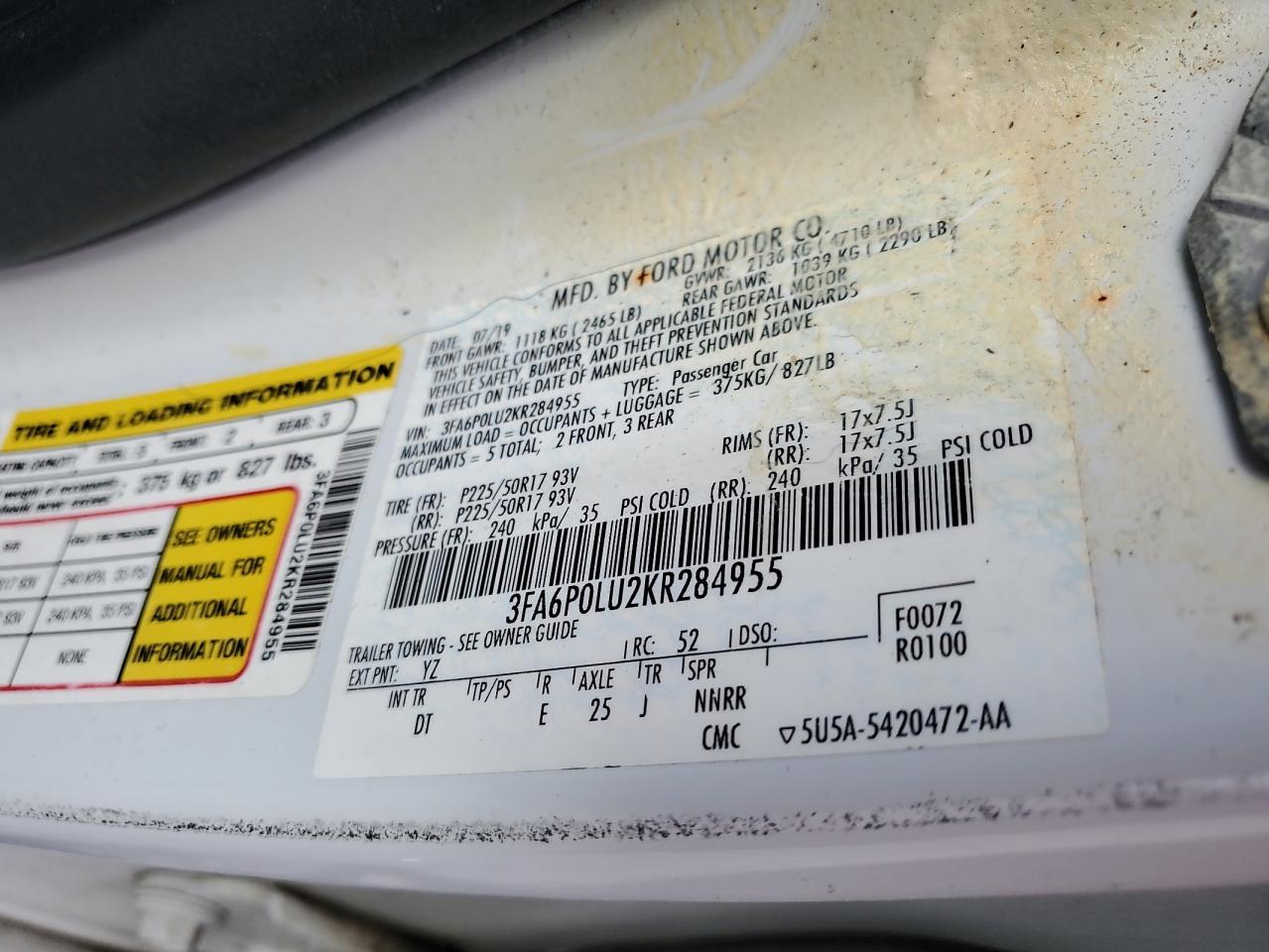 2019 Ford Fusion Se VIN: 3FA6P0LU2KR284955 Lot: 54031595