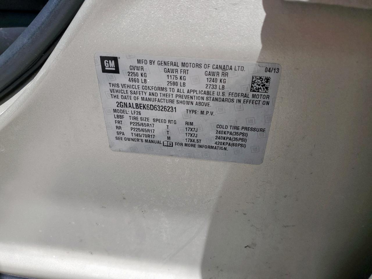2013 Chevrolet Equinox Ls VIN: 2GNALBEK6D6326231 Lot: 57263335