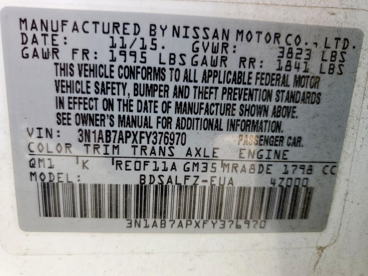 2015 Nissan Sentra S VIN: 3N1AB7APXFY376970 Lot: 56962225