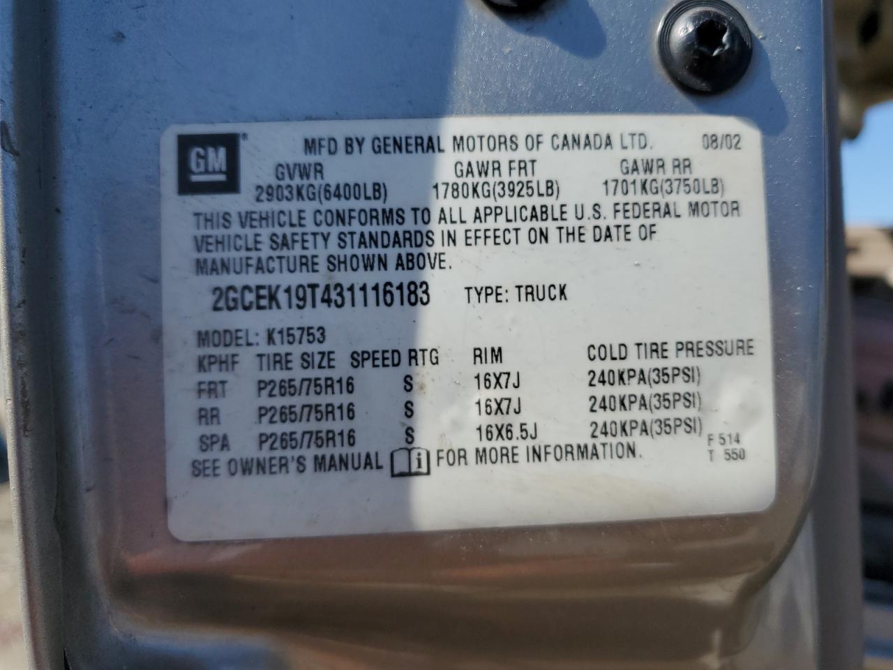 2003 Chevrolet Silverado K1500 VIN: 2GCEK19T431116183 Lot: 57213905