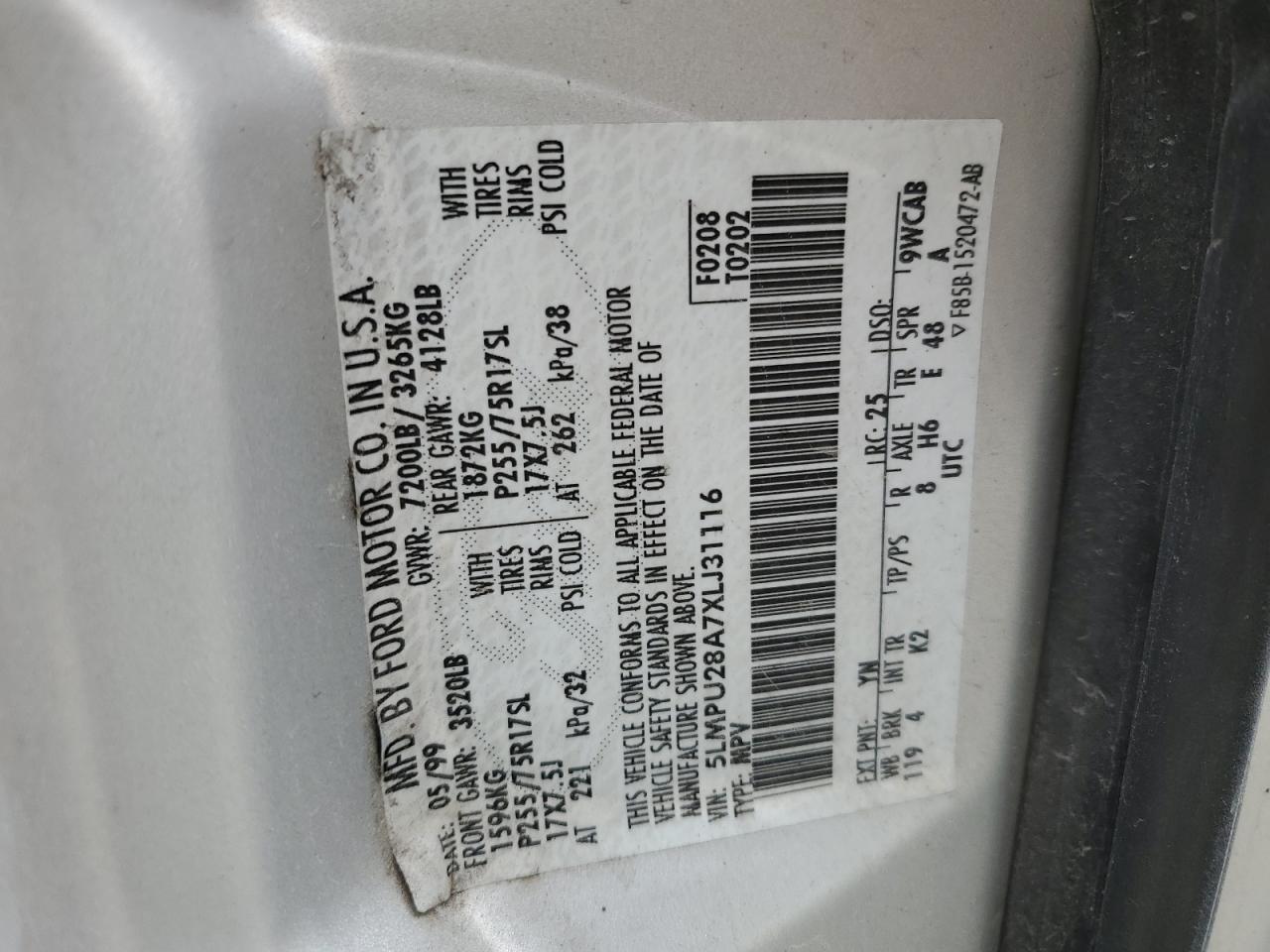 1999 Lincoln Navigator VIN: 5LMPU28A7XLJ31116 Lot: 57876035