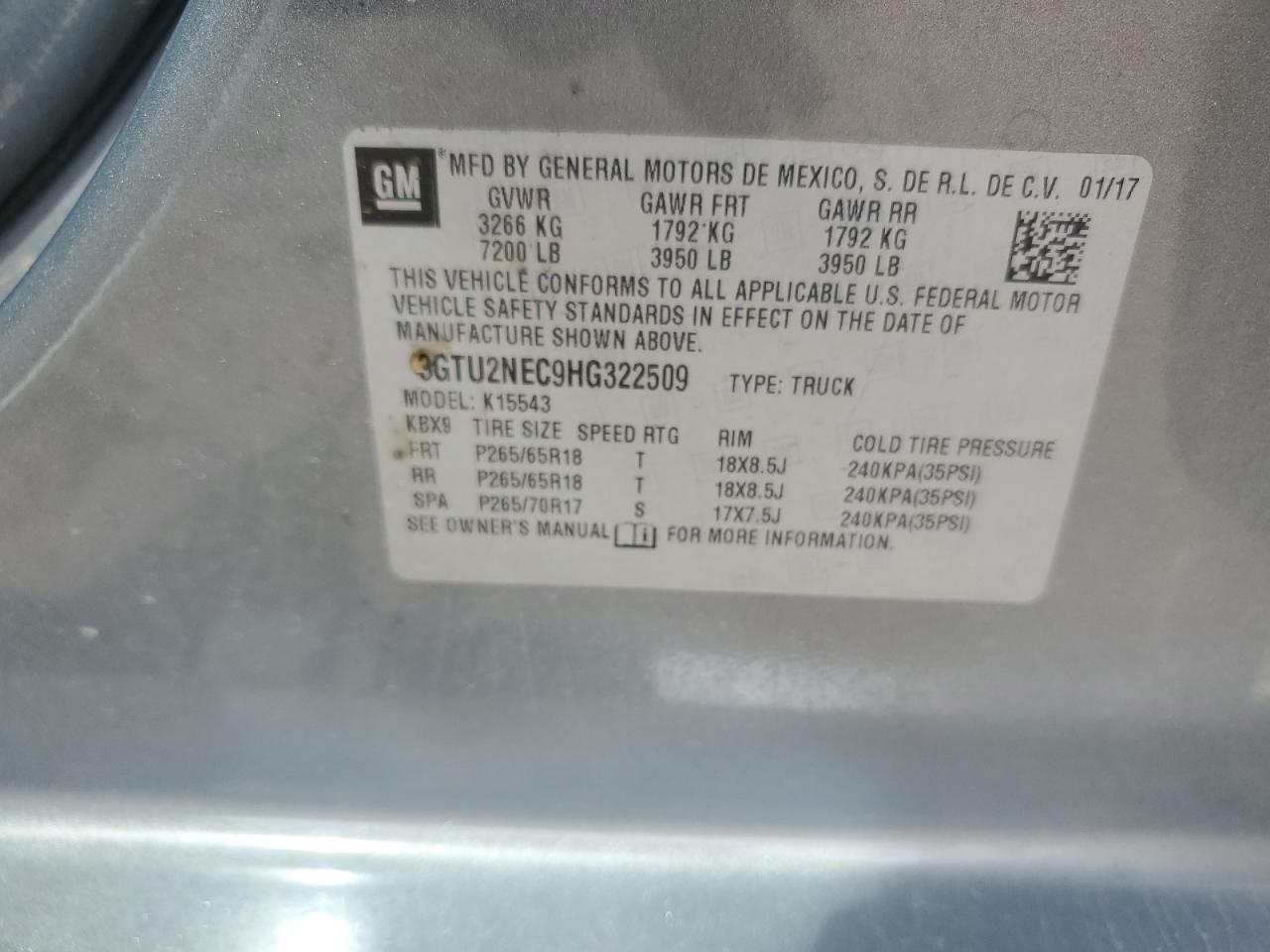 2017 GMC Sierra K1500 Slt VIN: 3GTU2NEC9HG322509 Lot: 56848265