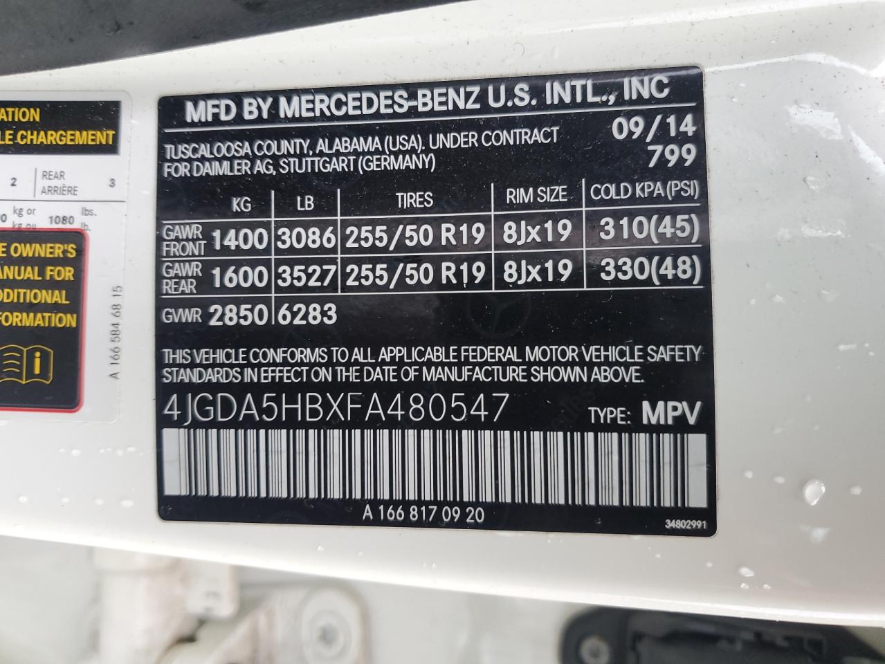 2015 Mercedes-Benz Ml 350 4Matic VIN: 4JGDA5HBXFA480547 Lot: 55746865