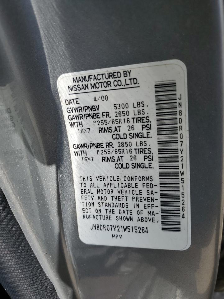 2001 Nissan Pathfinder Le VIN: JN8DR07Y21W515264 Lot: 56049045