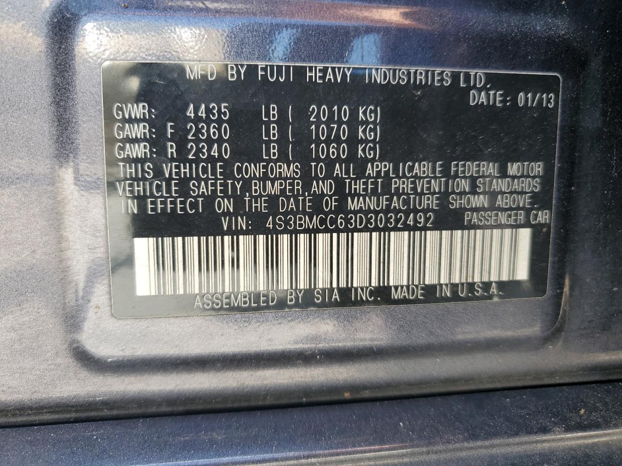 2013 Subaru Legacy 2.5I Premium VIN: 4S3BMCC63D3032492 Lot: 56741715