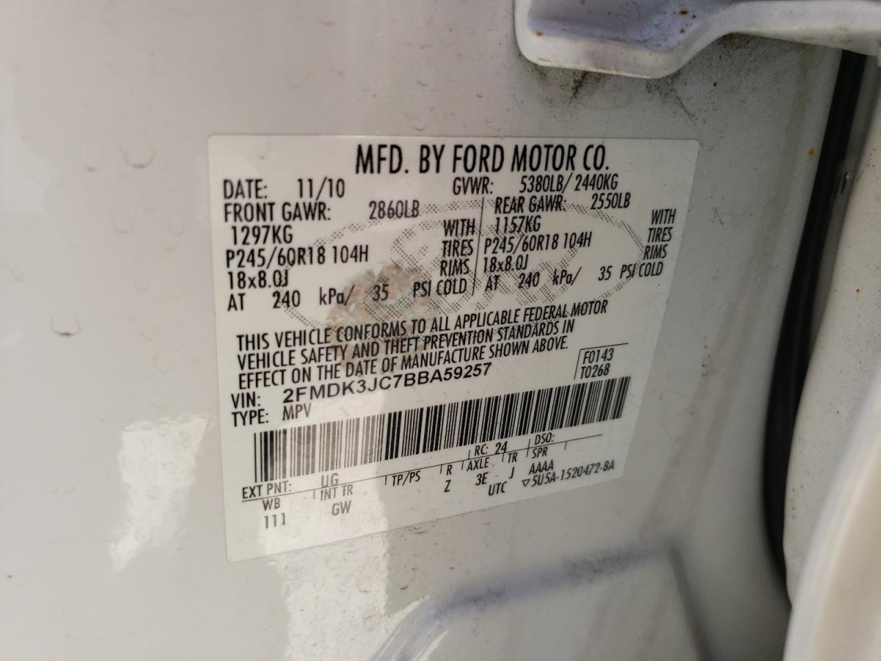 2011 Ford Edge Sel VIN: 2FMDK3JC7BBA59257 Lot: 54021215
