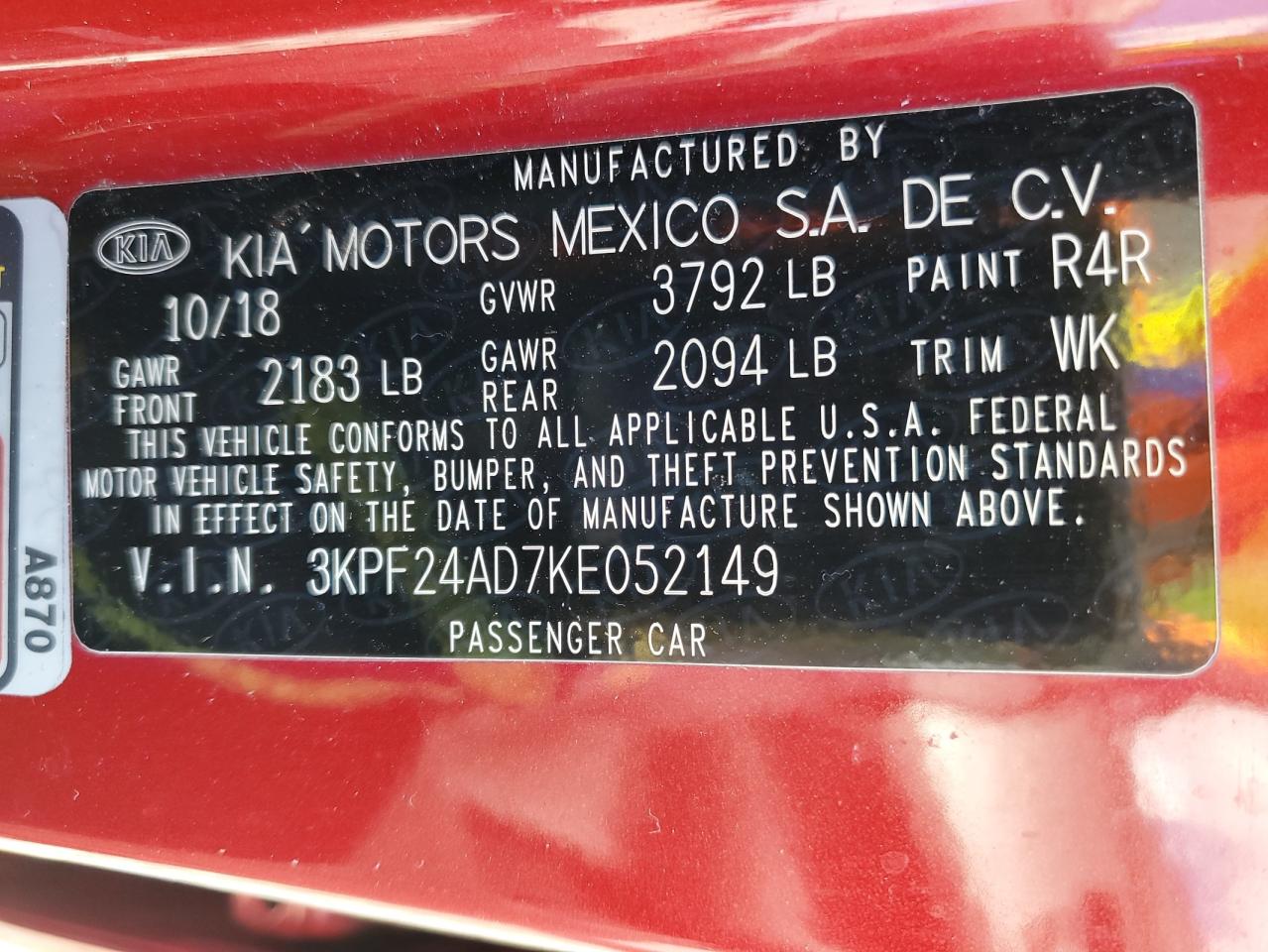 2019 Kia Forte Fe VIN: 3KPF24AD7KE052149 Lot: 57084995