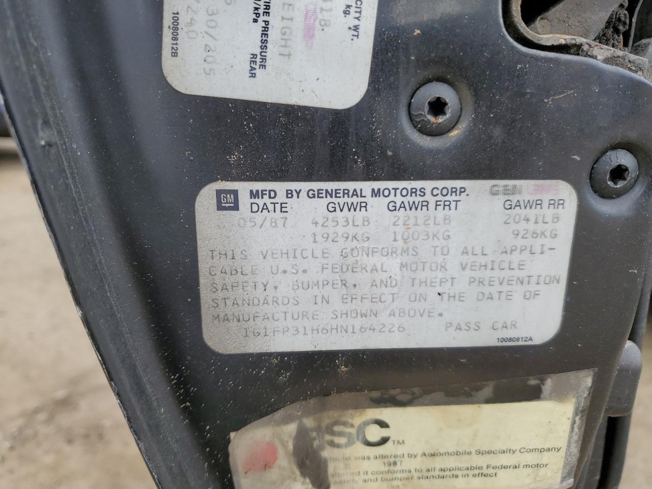 1987 Chevrolet Camaro VIN: 1G1FP31H6HN164226 Lot: 57642075