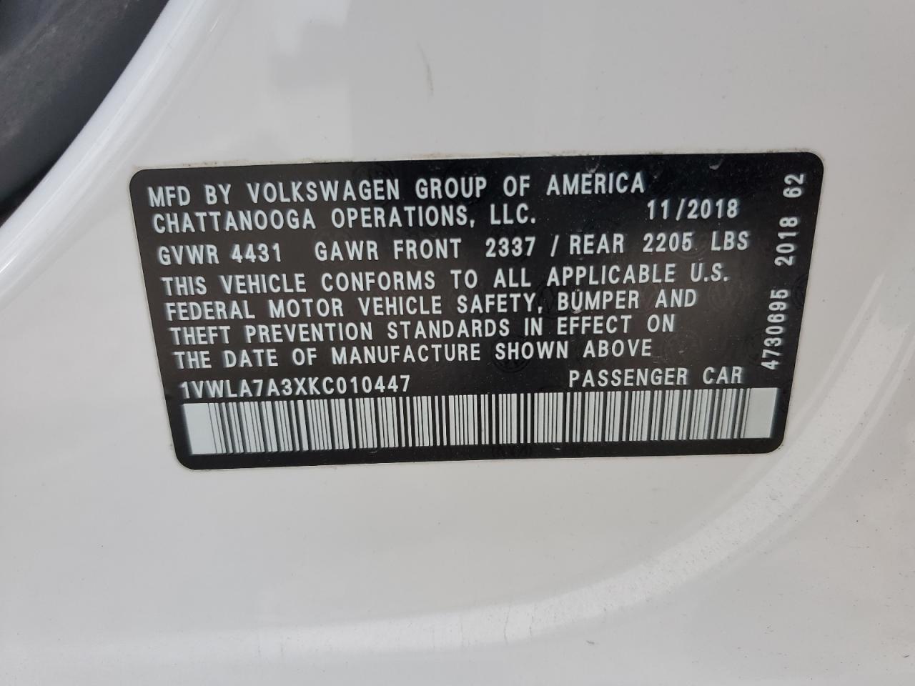 1VWLA7A3XKC010447 VOLKSWAGEN PASSAT 2019