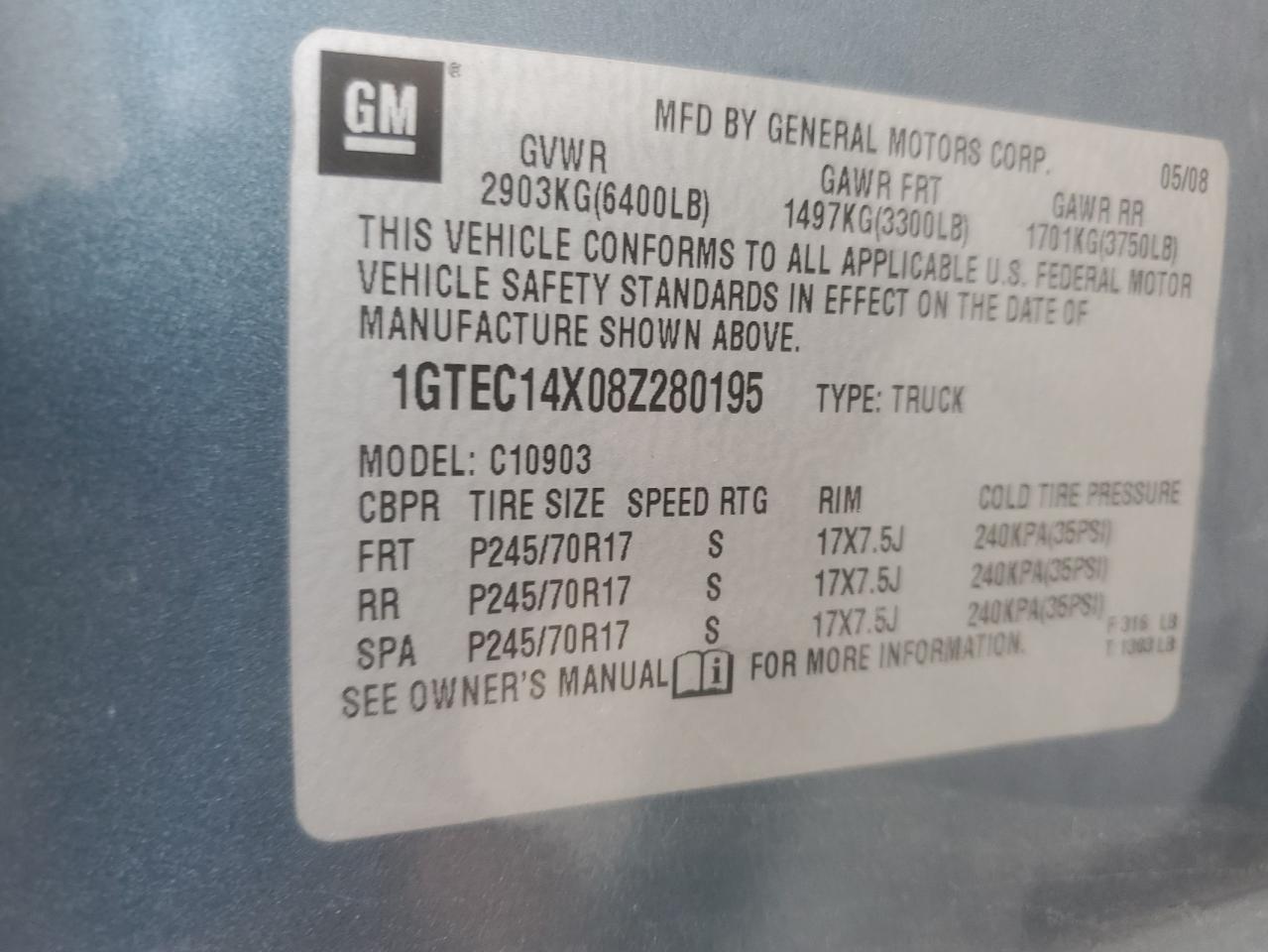 2008 GMC Sierra C1500 VIN: 1GTEC14X08Z280195 Lot: 57066895