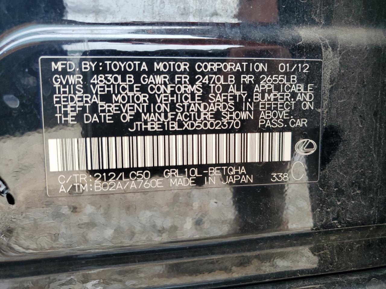 2013 Lexus Gs 350 VIN: JTHBE1BLXD5002370 Lot: 57860875