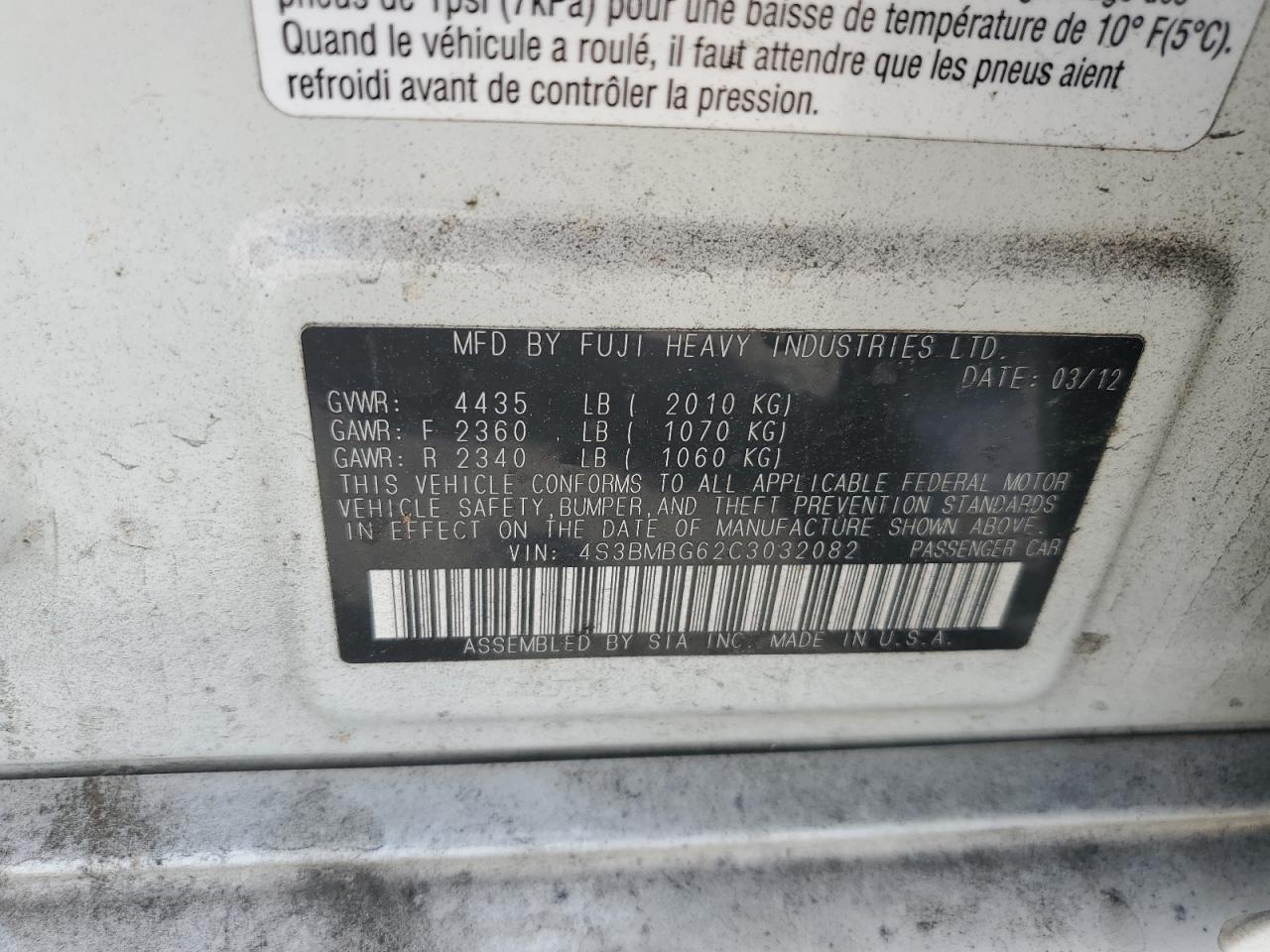 2012 Subaru Legacy 2.5I Premium VIN: 4S3BMBG62C3032082 Lot: 56368155