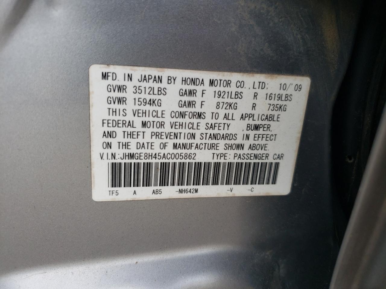 2010 Honda Fit Sport VIN: JHMGE8H45AC005862 Lot: 56316245