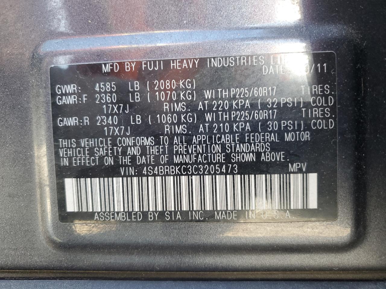 SUBARU OUTBACK 2012 VIN 4S4BRBKC3C3205473 фото 13