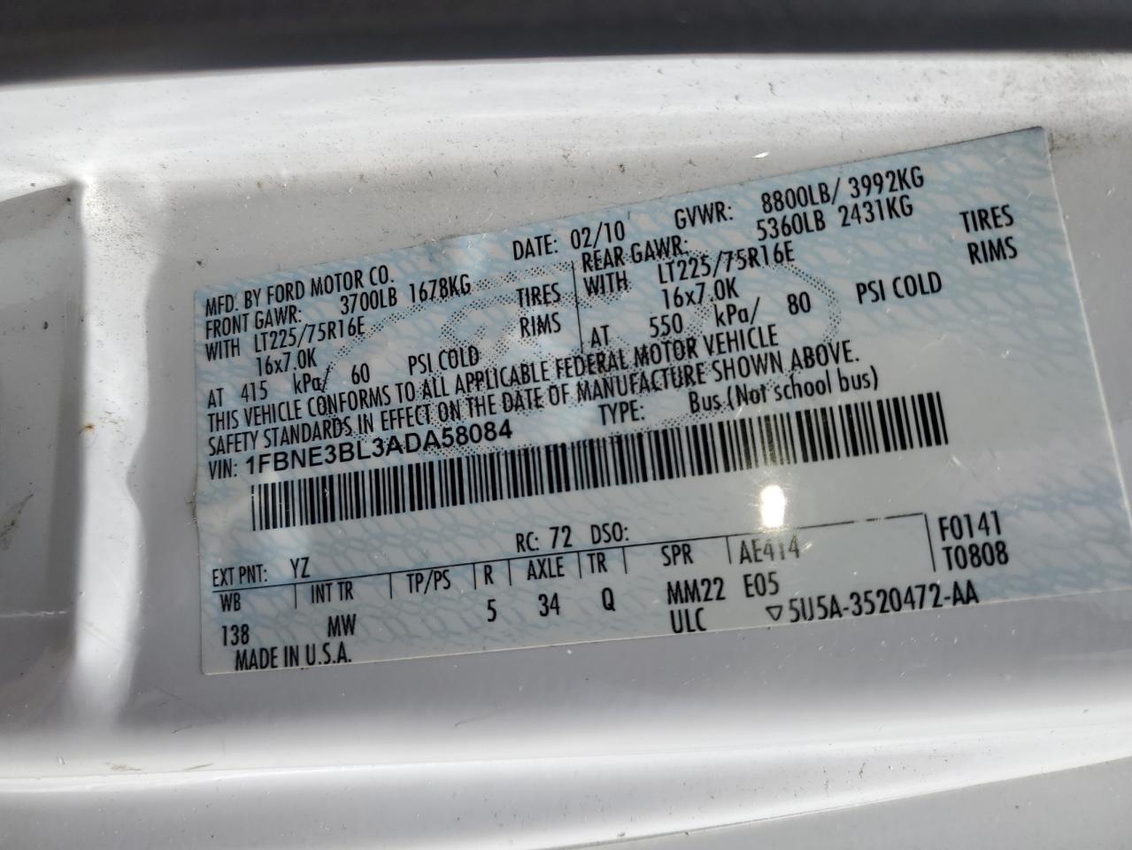 2010 Ford Econoline E350 Super Duty Wagon VIN: 1FBNE3BL3ADA58084 Lot: 56645645