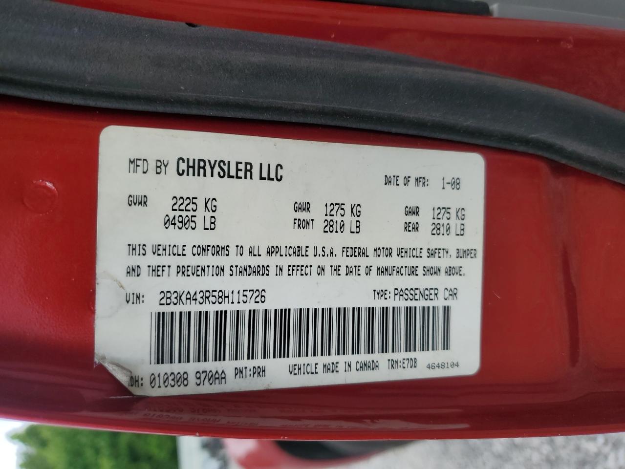 2008 Dodge Charger VIN: 2B3KA43R58H115726 Lot: 55858635