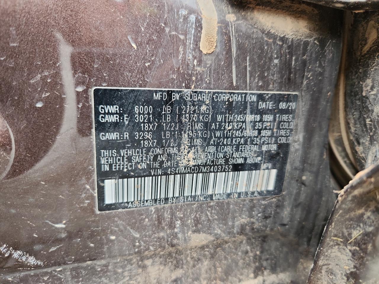 2021 Subaru Ascent Premium VIN: 4S4WMACD7M3403752 Lot: 58250075