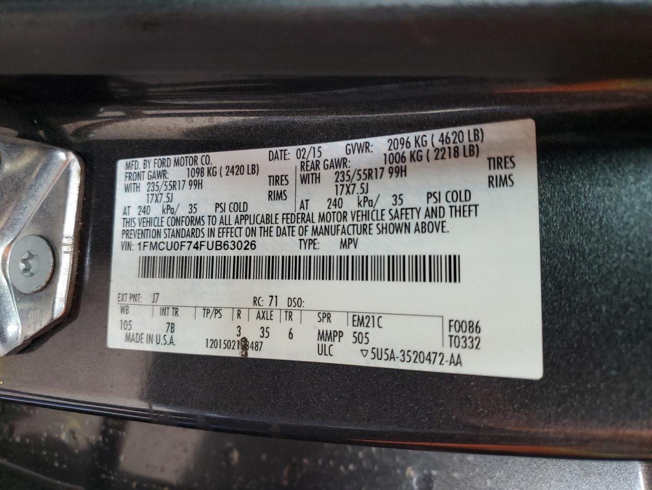 2015 Ford Escape S VIN: 1FMCU0F74FUB63026 Lot: 55257265