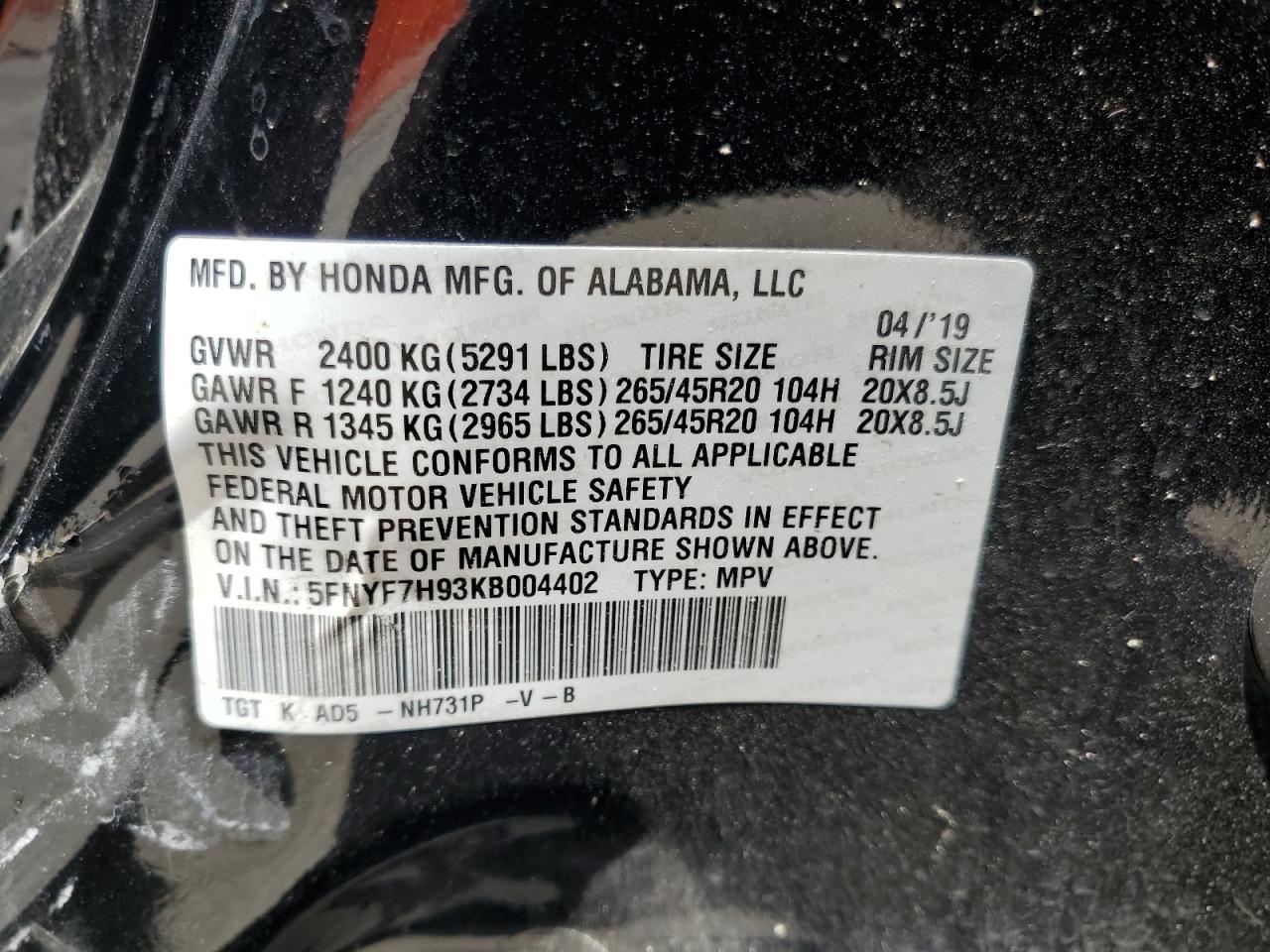 5FNYF7H93KB004402 HONDA PASSPORT 2019