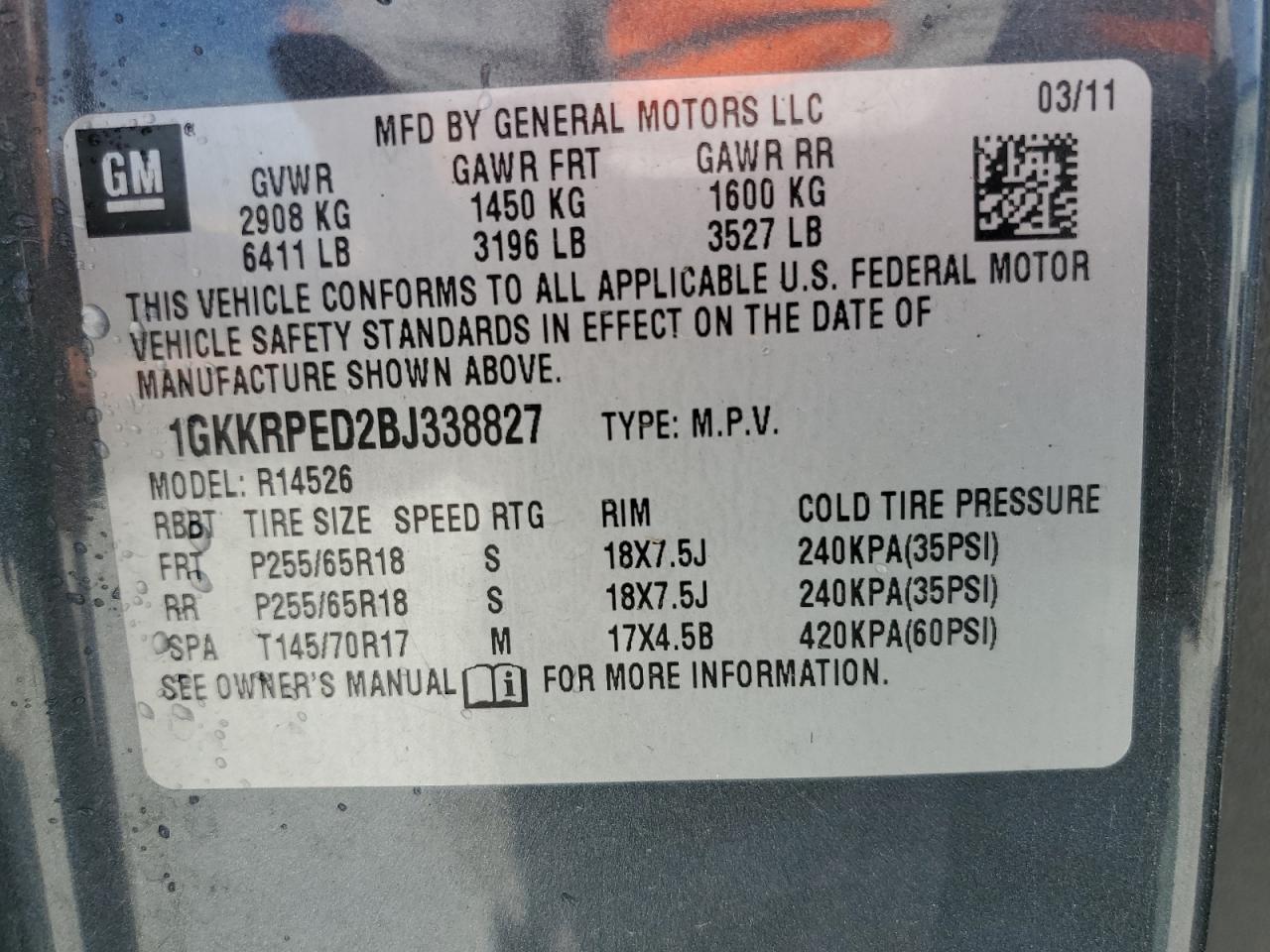 2011 GMC Acadia Sle VIN: 1GKKRPED2BJ338827 Lot: 57981195