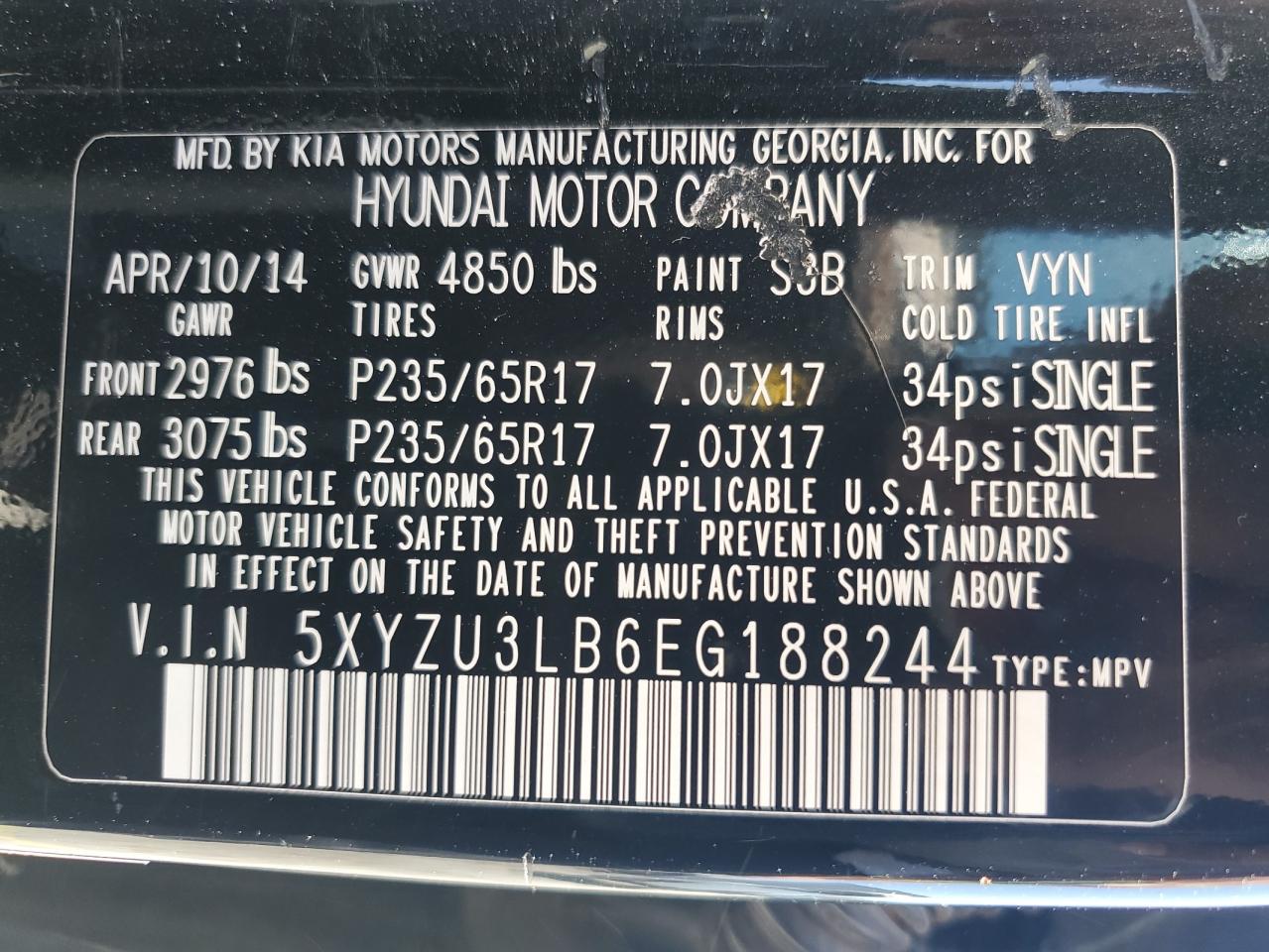 2014 Hyundai Santa Fe Sport VIN: 5XYZU3LB6EG188244 Lot: 56624605