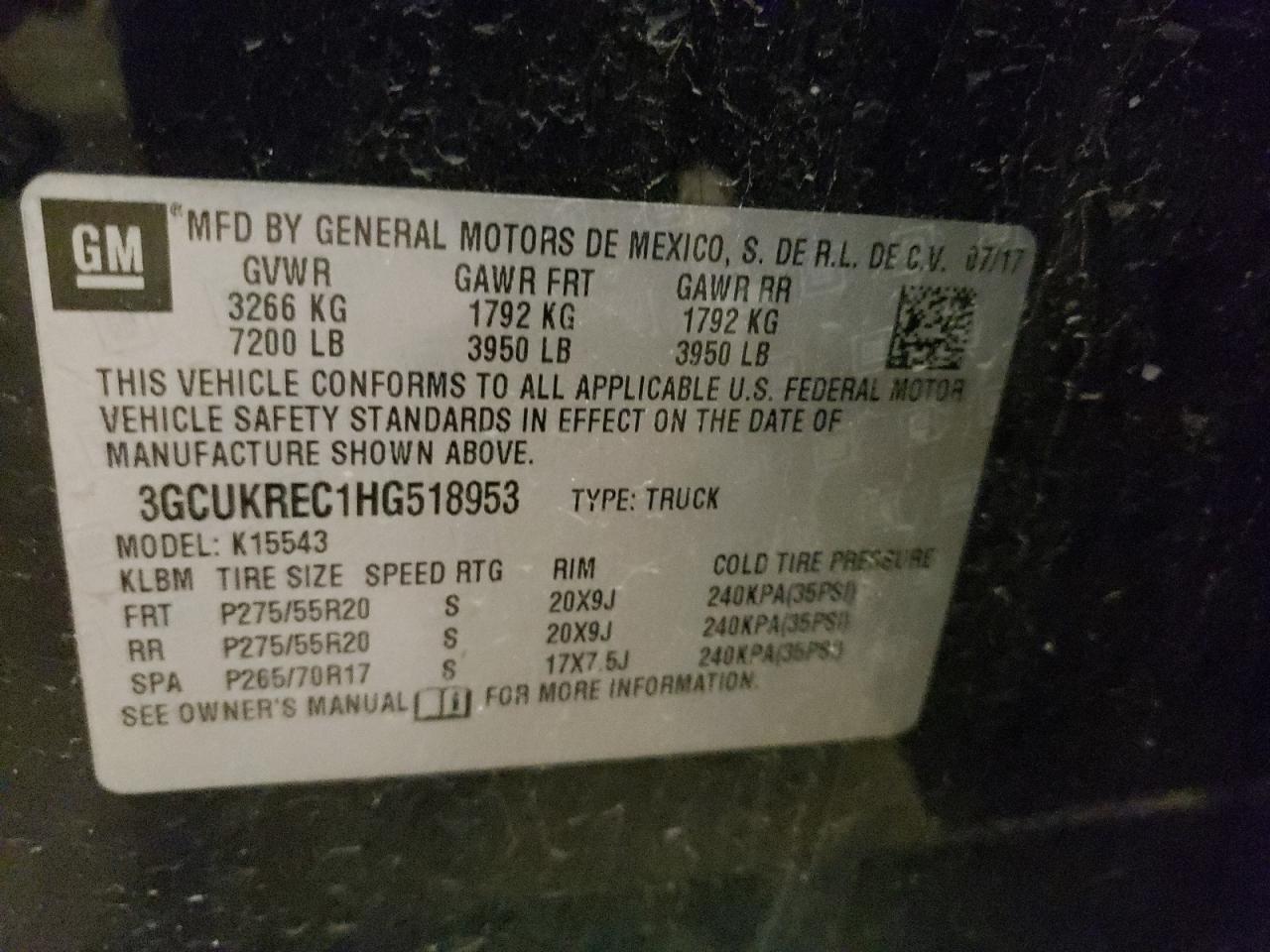 3GCUKREC1HG518953 CHEVROLET ALL Models 2017