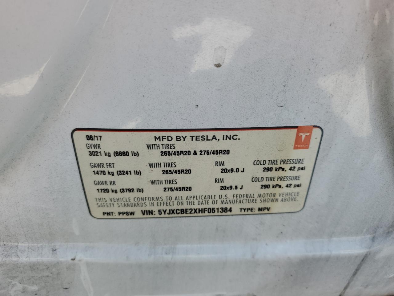 2017 Tesla Model X VIN: 5YJXCBE2XHF051384 Lot: 56881245
