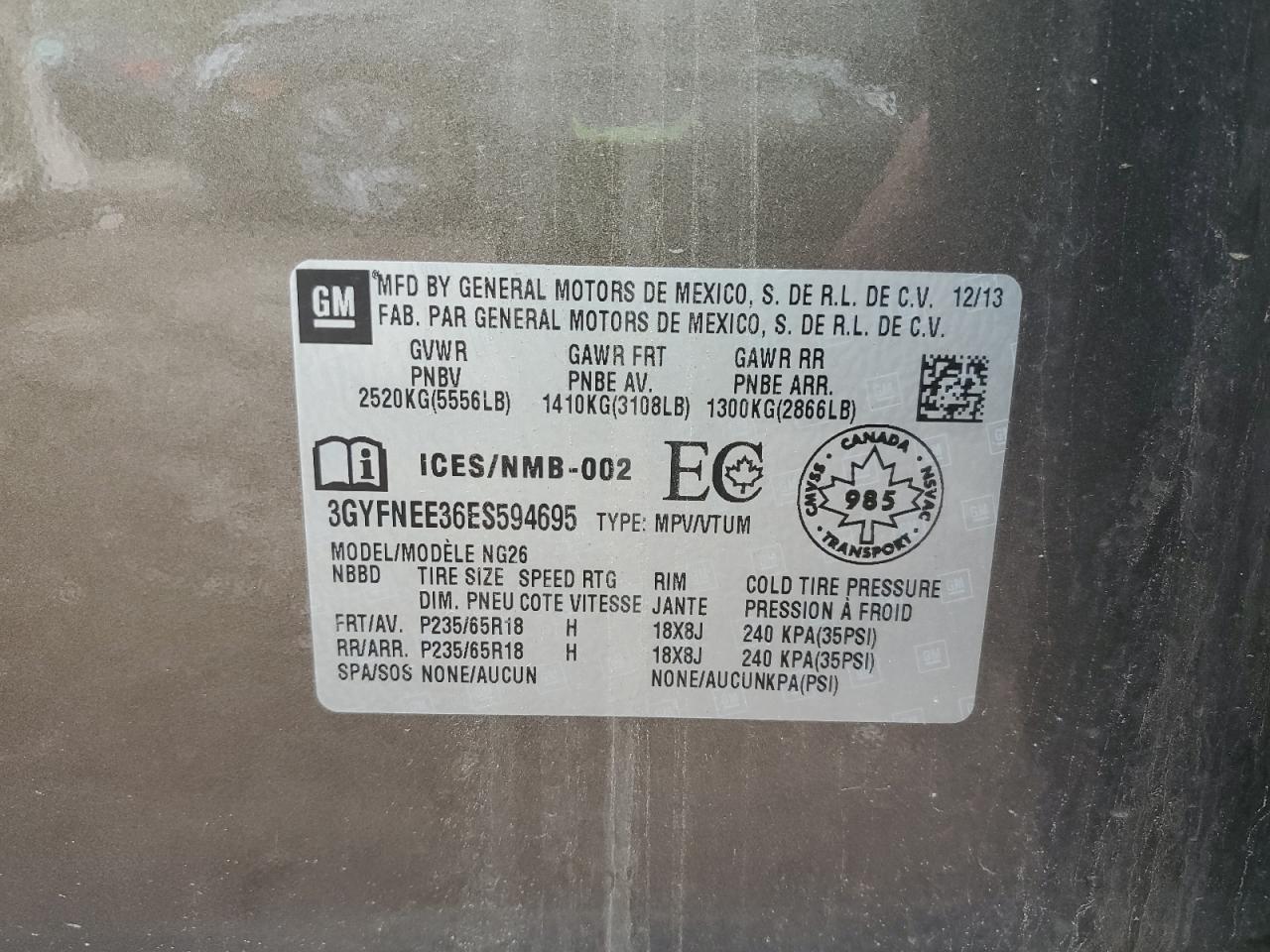 2014 Cadillac Srx Luxury Collection VIN: 3GYFNEE36ES594695 Lot: 58806435